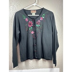 April Cornell Wool Blend Embellished Cardigan Sweater Sequins Beads Size M Black